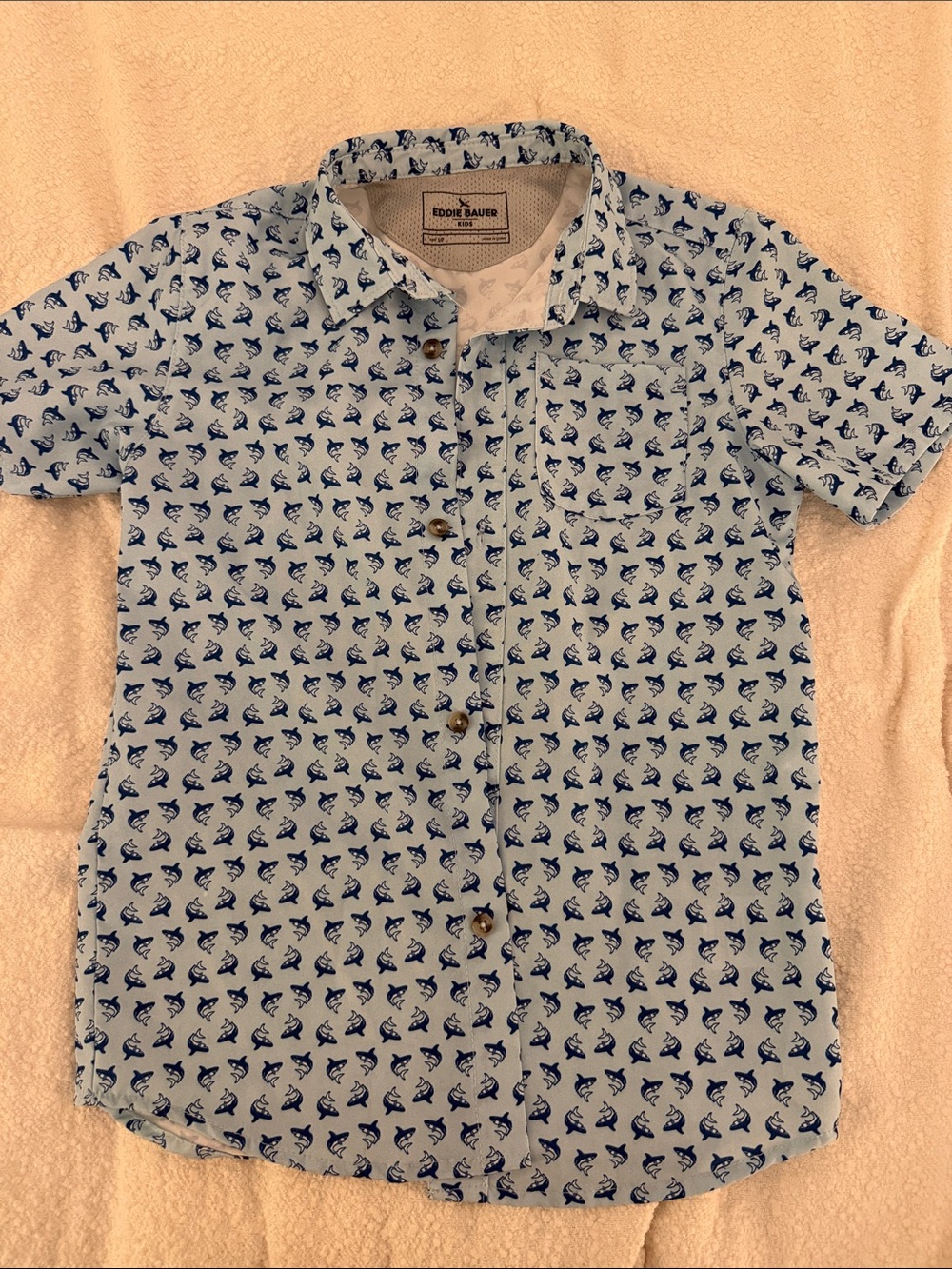 Eddie Bauer Light Blue Short Sleeve Button-Down with Navy Print